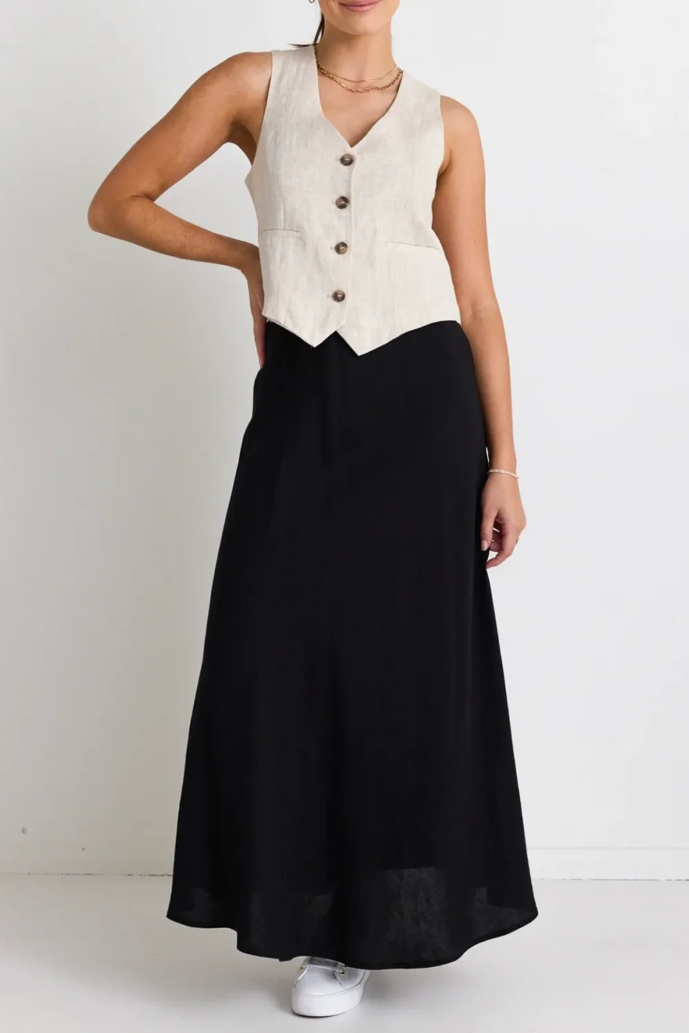 Lagos Black Linen Floaty Bias Cut Maxi Skirt