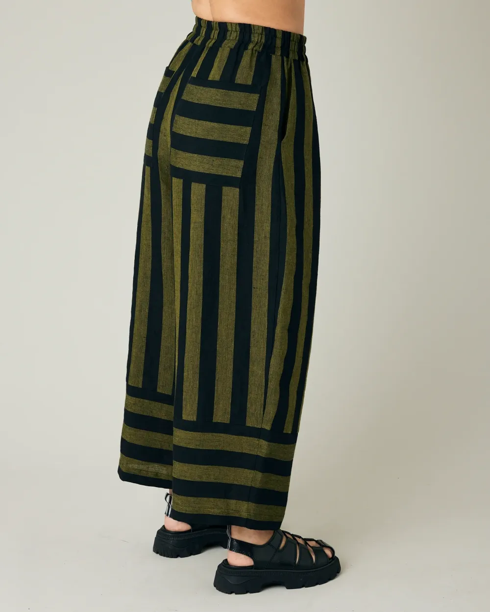 BOBBI BLACK & OLIVE STRIPE LINEN TROUSERS