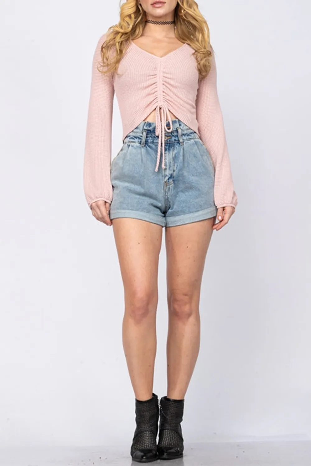 PINK DRAWSTRING RUCHED FRONT CROP