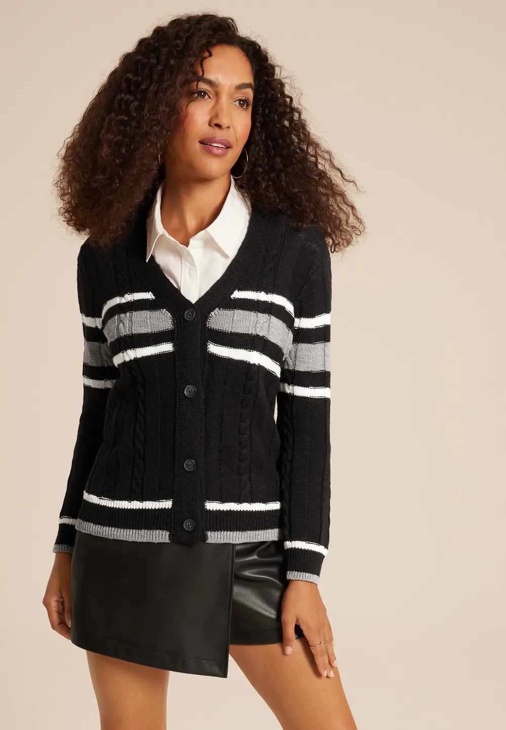 Prep Striped Cable Knit Button Down Cardigan