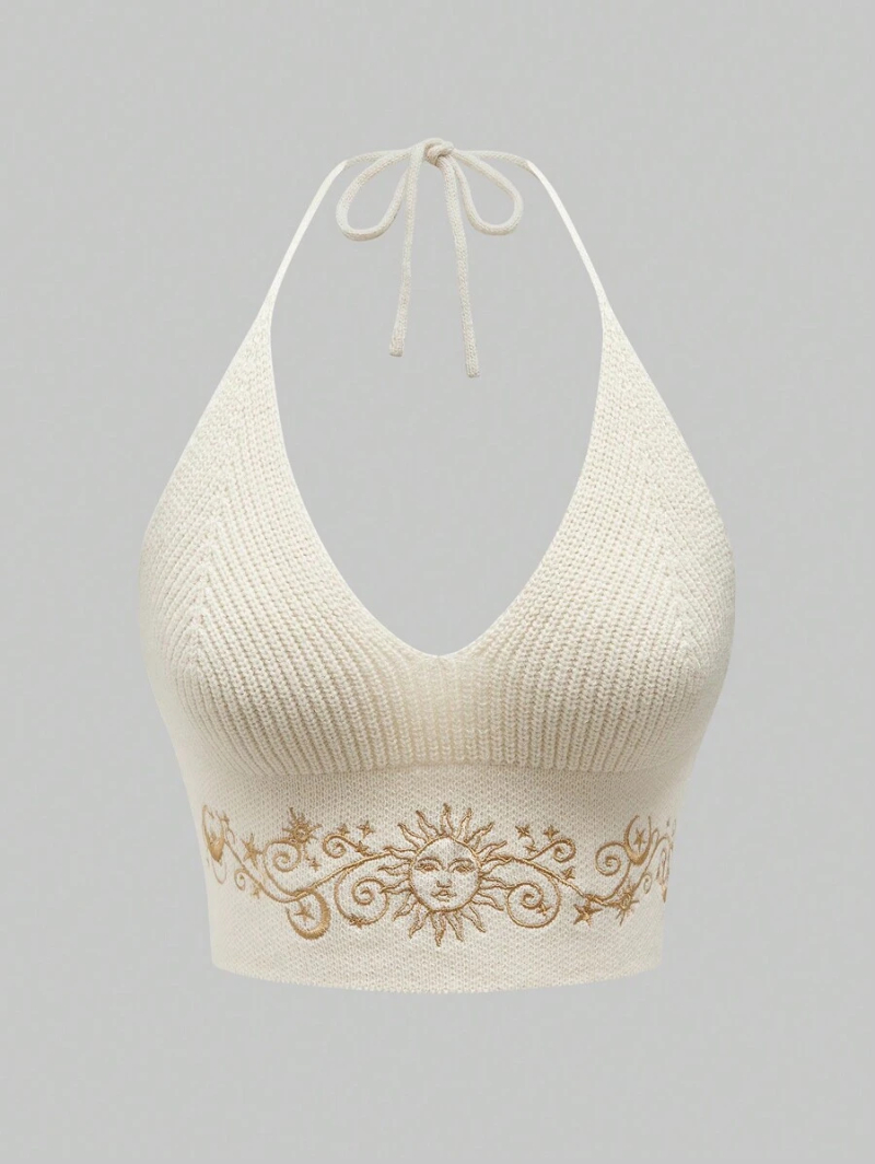 Hippie Summer Sexy Embroidered Backless Halter Knitted Top