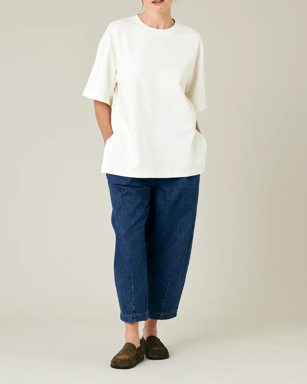 WHITE COTTON JERSEY SHORT DROP SLEEVE TOP