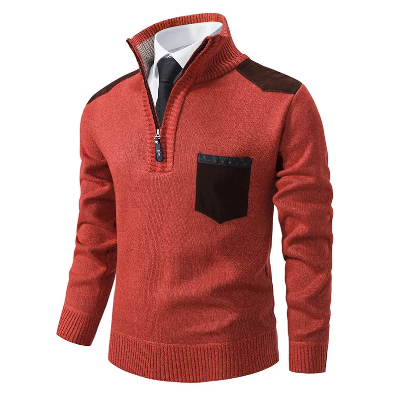 Men's Retro Zipper Stand Collar Contrast Color Pullover Sweater