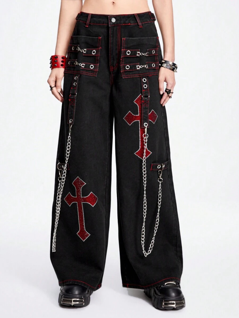 Grunge Punk Ladies Rhinestone Cross Embroidery Chicken Eye Design Wide Leg Loose Casual Jeans