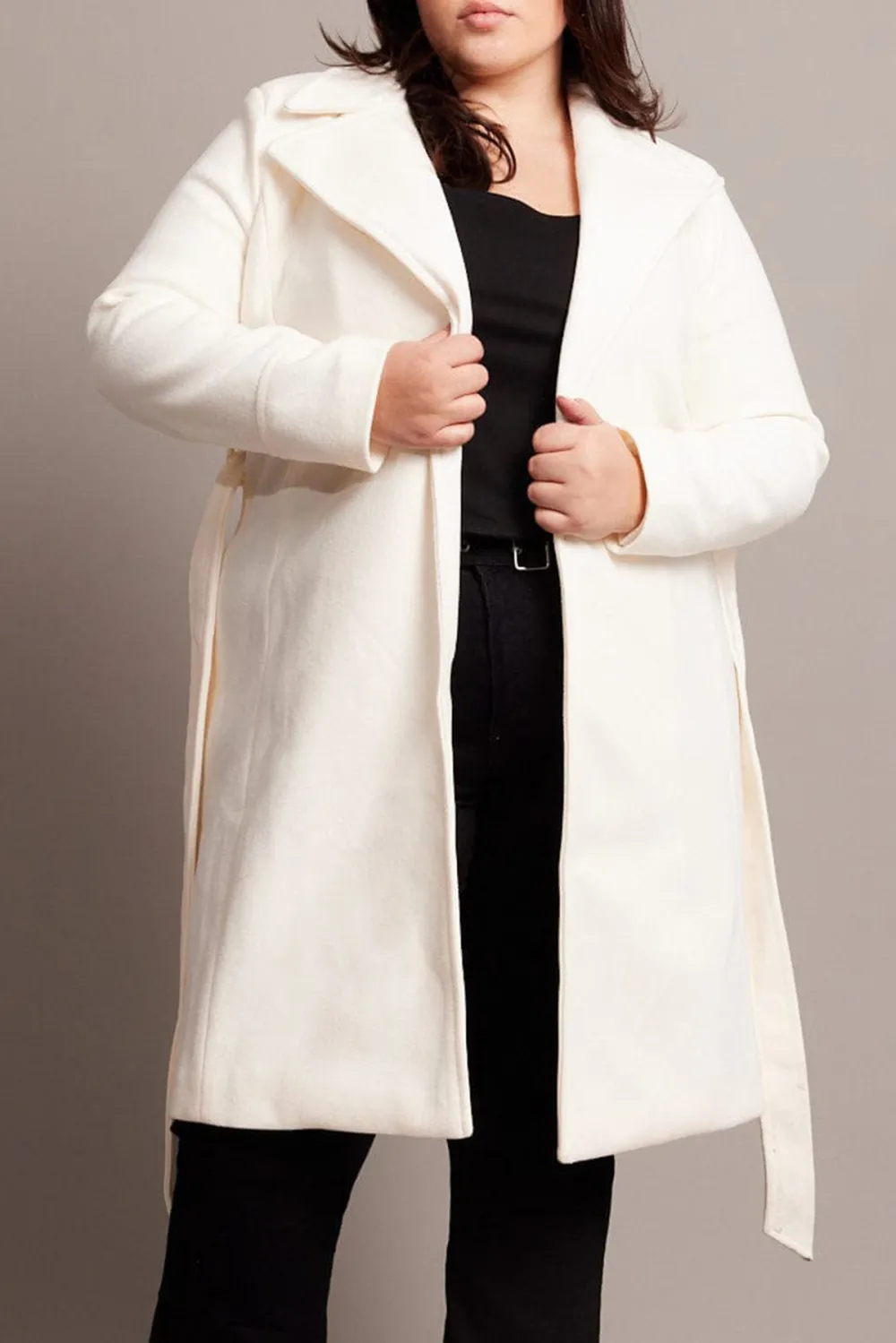 White Long Belted Wrap Coat