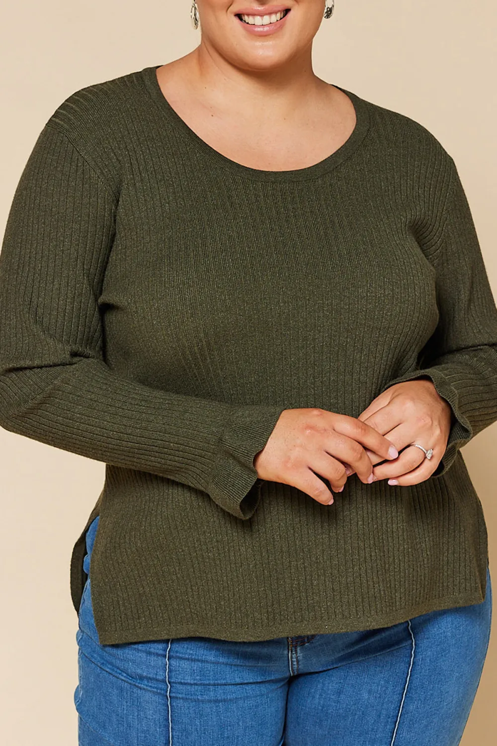 Long Sleeve Knitted Top In Khaki