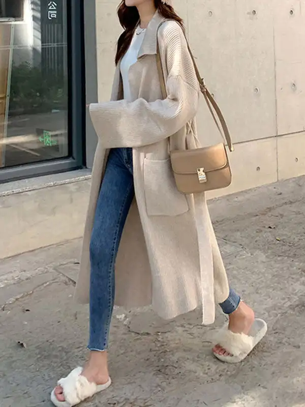 Long Sleeves Loose Pockets Solid Color Tied Waist Notched Collar Cardigan Coats