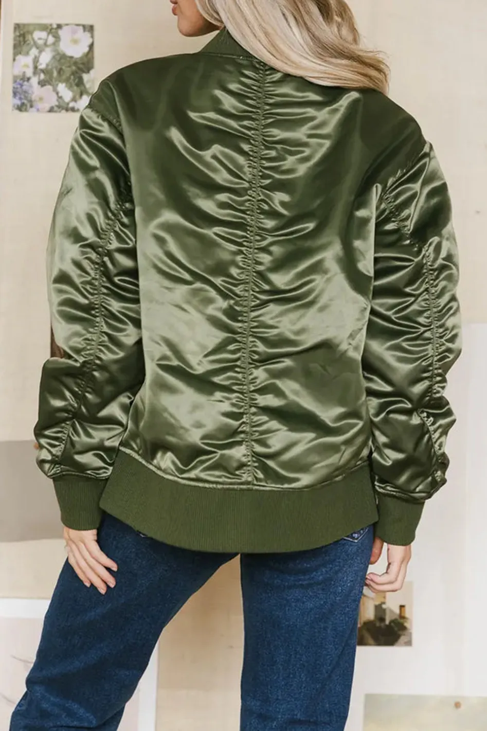 RYLEE SATIN BOMBER JACKET IN GREEN