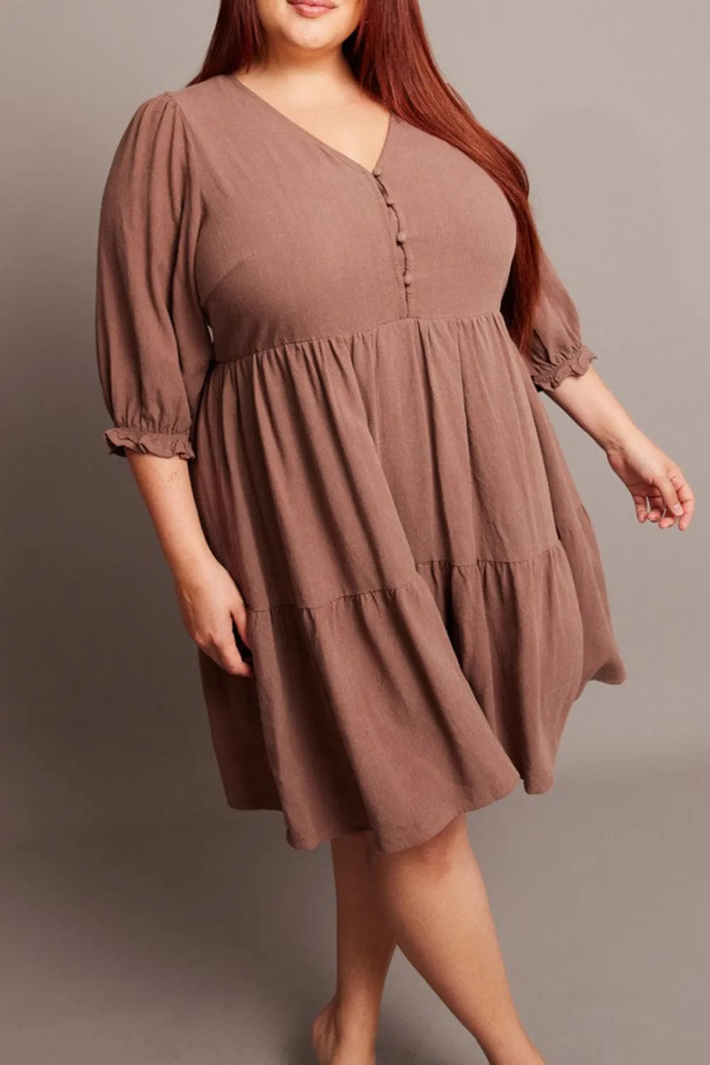 Brown One Shoulder Dress Shirred Bodice Pockets