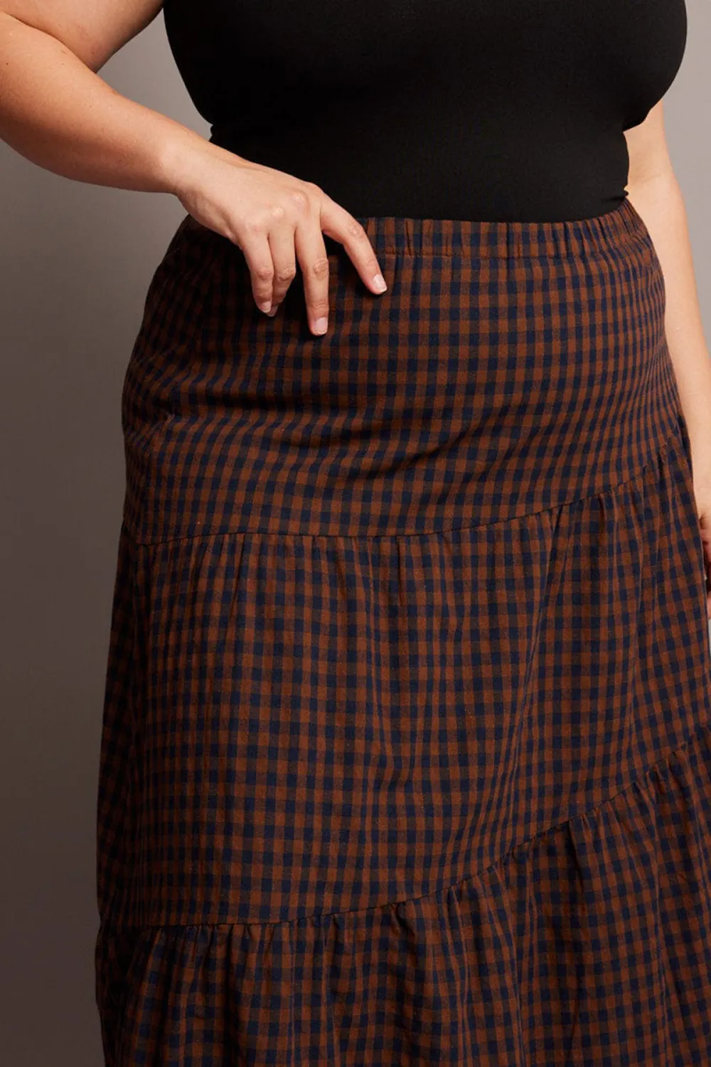 Brown Check Check Maxi Skirt