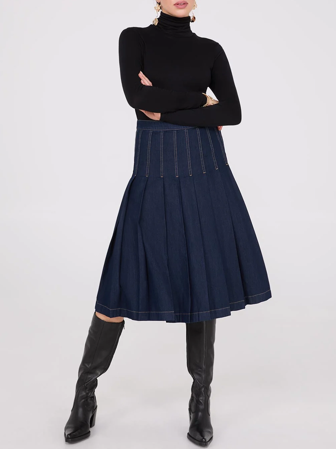 Denim Pleated Midi Skirt