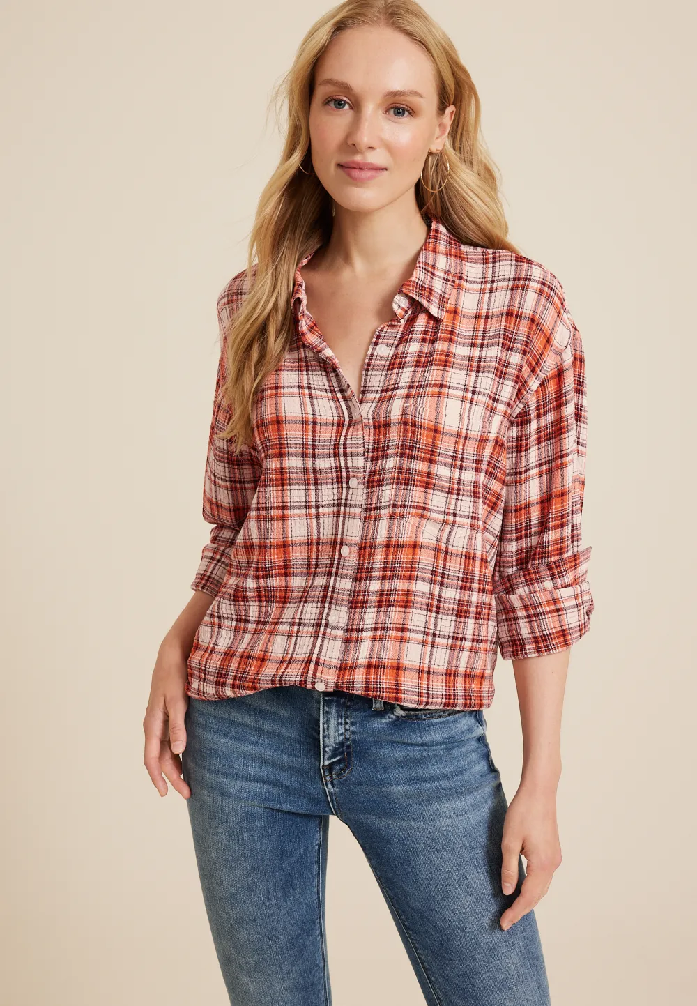 Pucker Plaid Button Up Shirt