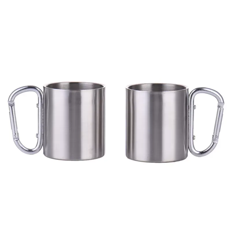 Portable 180ml Stainless Steel Metal Cup Hiking Camping Traveling Outdoor Carabiner Climbing Cups Double Wall Mug with D-Ring Self-Lock Carabiner Hook