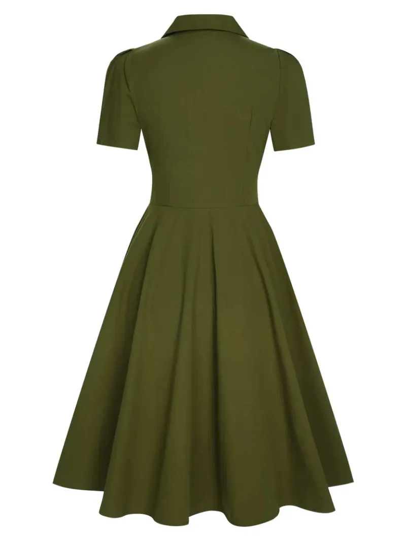 ARMY GREEN 1940S LAPEL BUTTONED SOLID DRESS