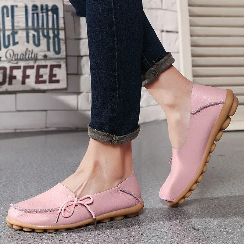 New Moccasins Women Flats Autumn Woman Loafers Genuine Leather Female Shoes Slip On Ballet Bowtie Women's Shoe