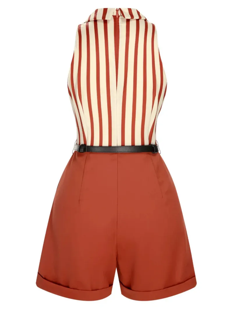 BRICK RED 1940S STRIPED LAPEL ROMPER