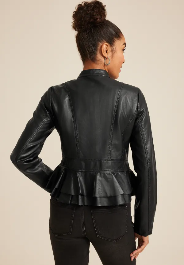 Black Faux Leather Ruffle Hem Jacket