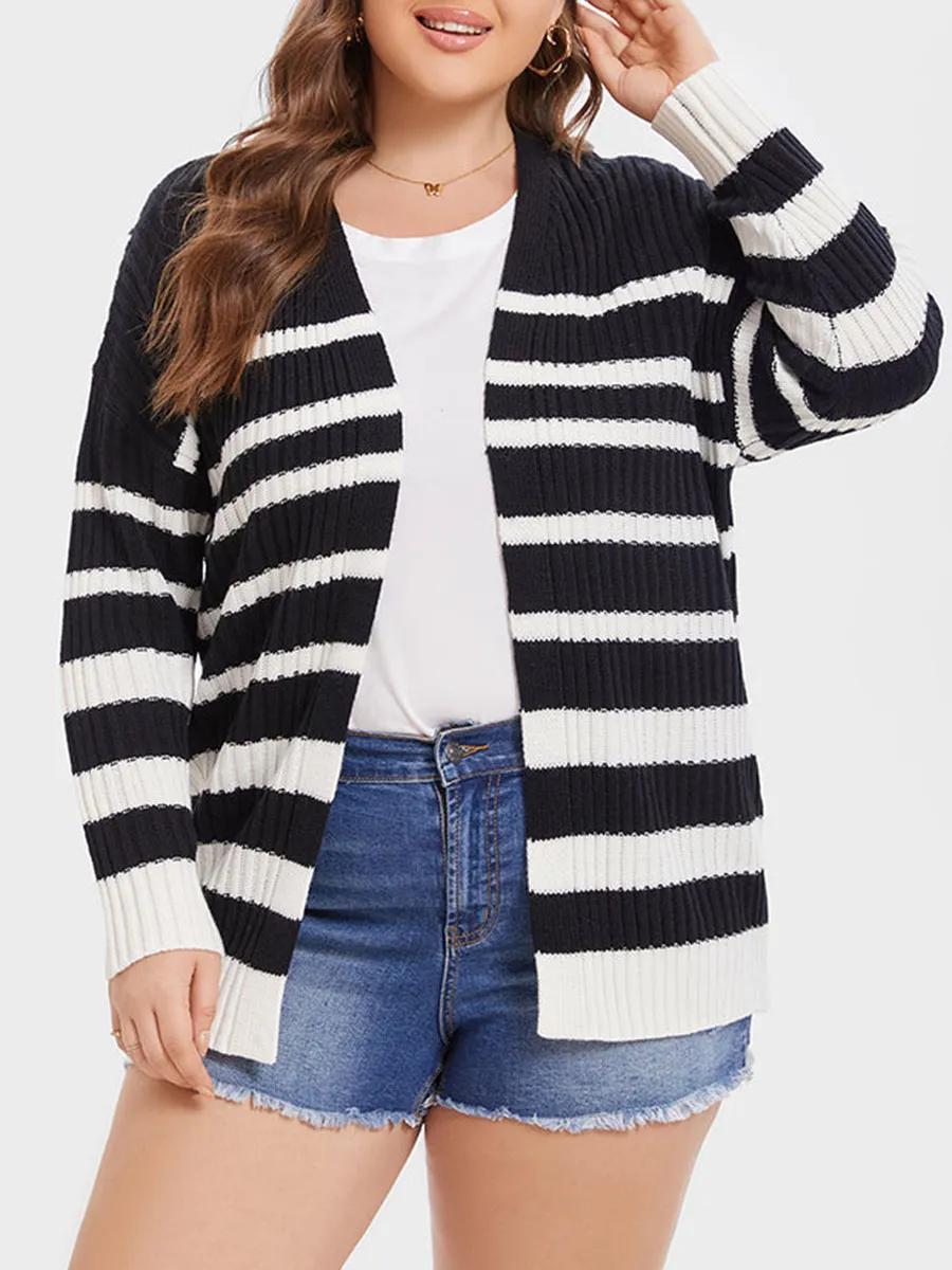 Striped Pattern Drop Shoulder Open Front Cardigan