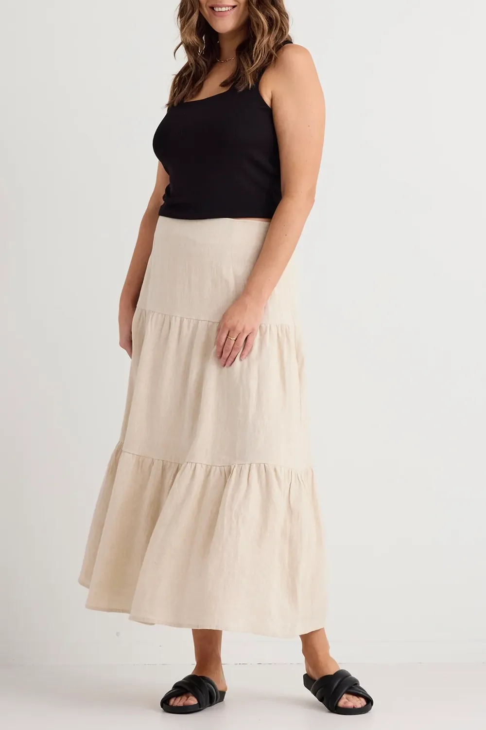 Blazing Sand Tiered Linen Midi Skirt