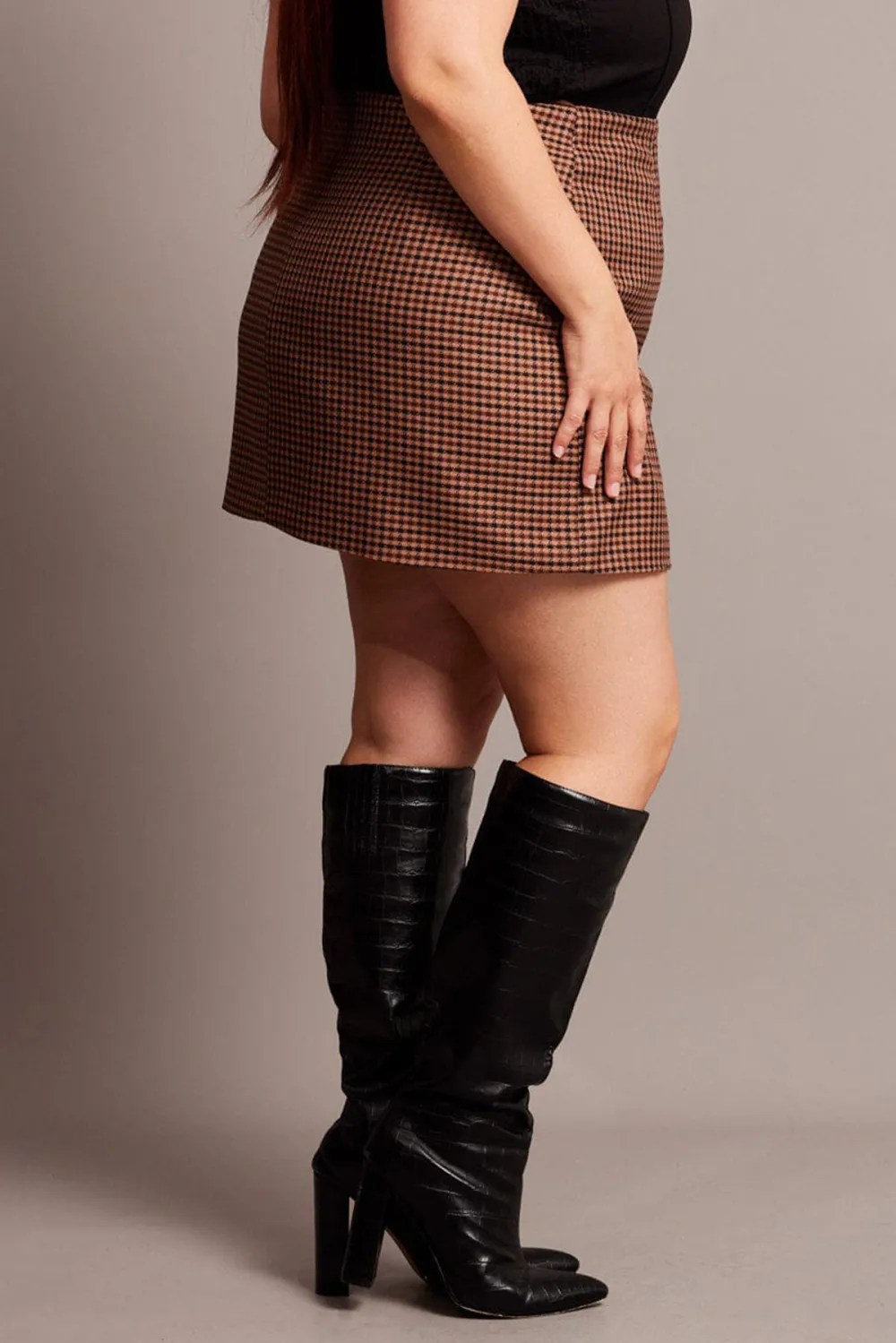 Brown Check Split Mini Skirt