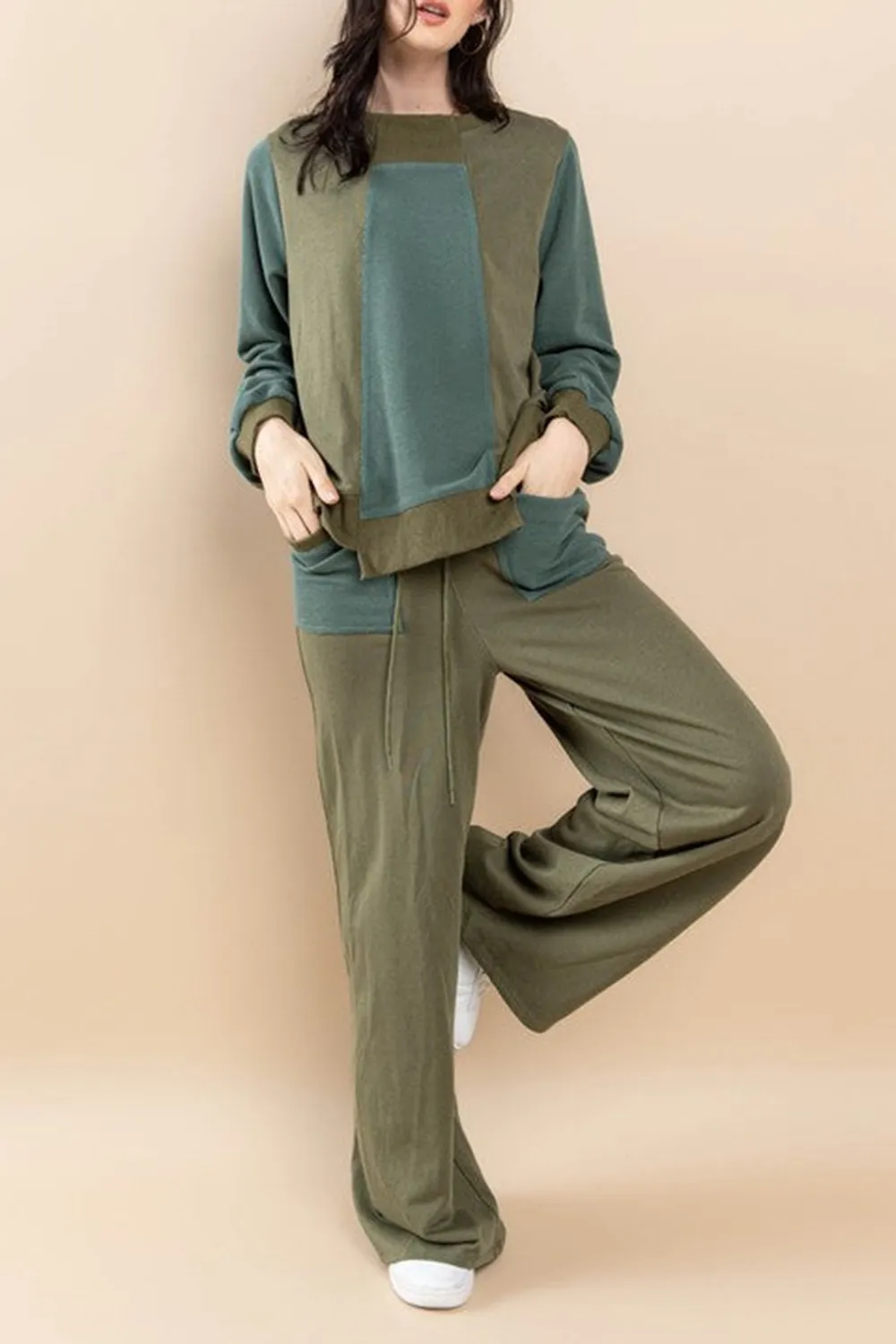 OLIVE TERRY CONTRAST SWEATSHIRTS AND PANTS