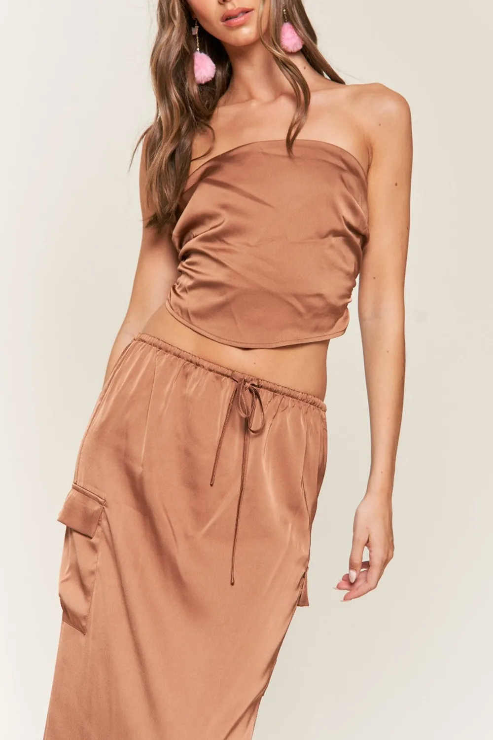 LT. BROWN SATIN BANDEAU CROP