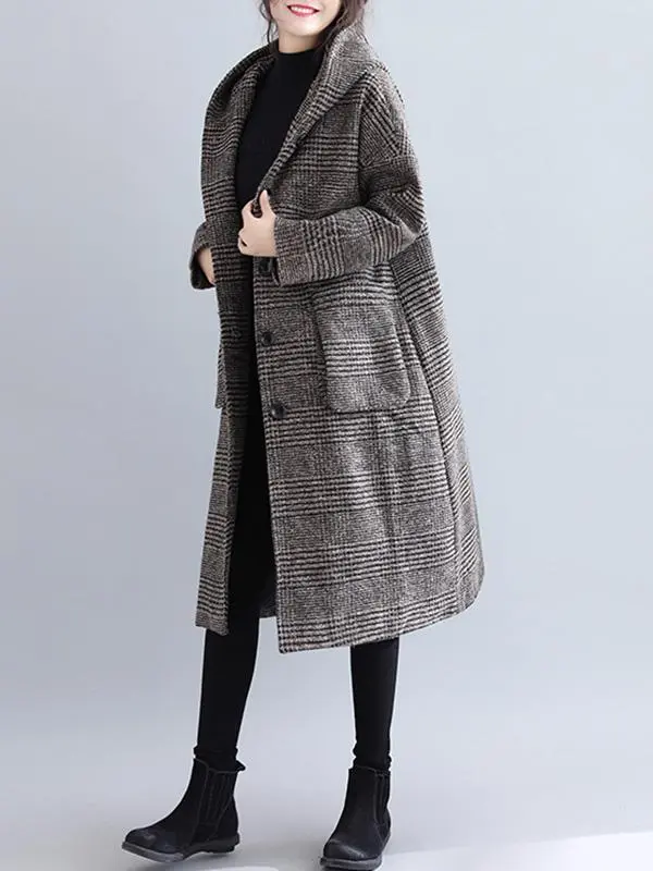 Loose Plaid Woolen Hood Coat