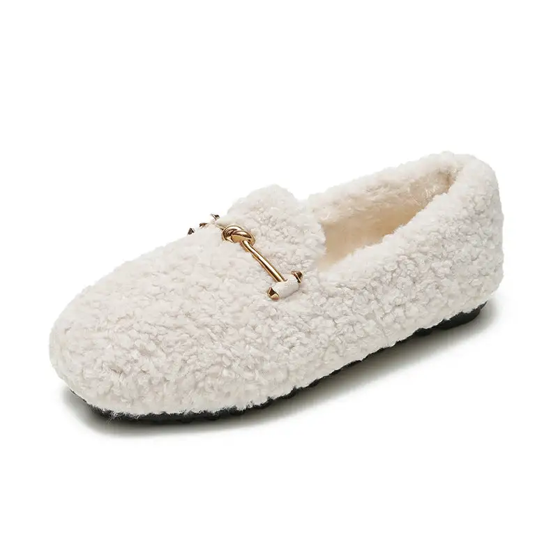 Furry Outer Wearing Flats Loafers Chain Decor Backless  Wild Fluffy Flat Mules Warm