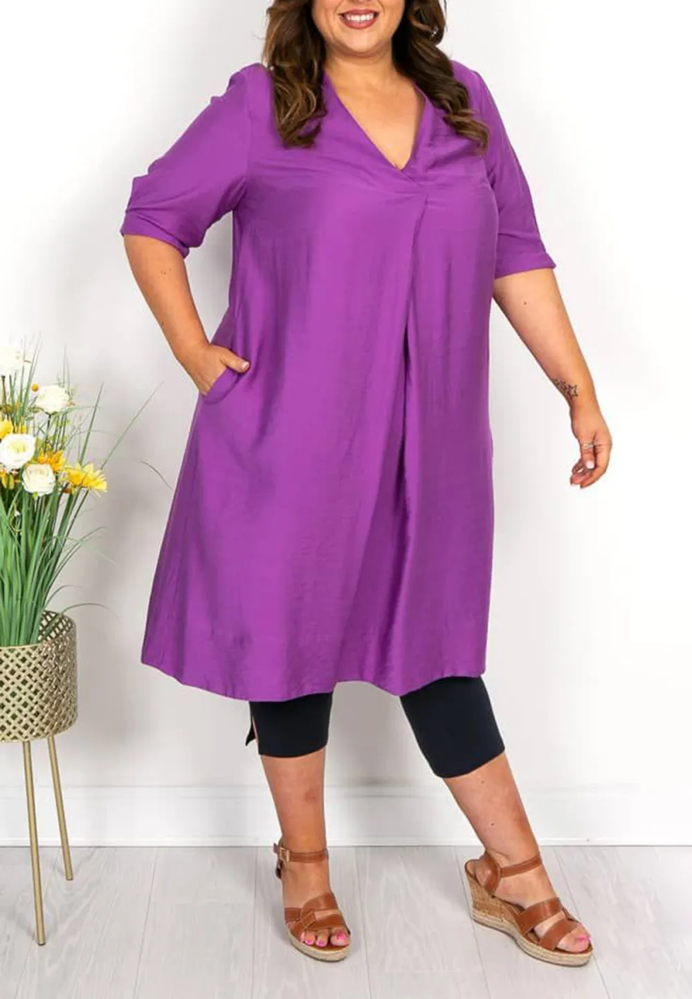 Purple V Neck Tunic Dress