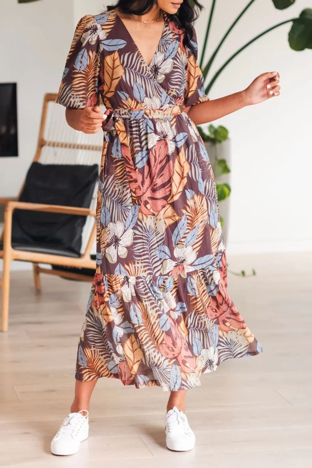 Ocean Tropical Chocolate Print SS Wrap Midi Dress