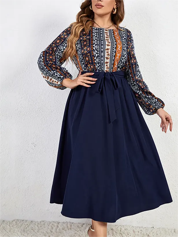 Plus Blue Floral Printed Lantern Sleeve Dress