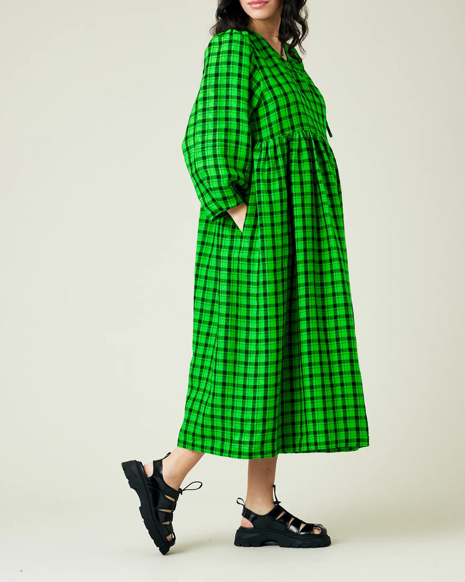 BLACK & GREEN CHECK LINEN DRESS