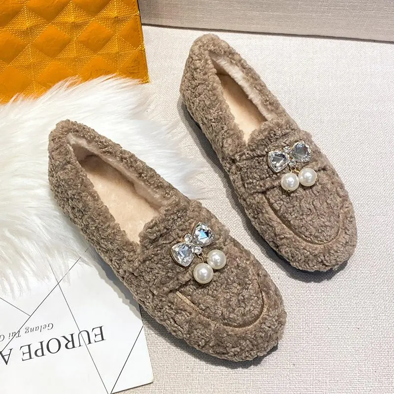 Furry Outer Wearing Flats Loafers Belt Bright diamond Bowknot Backless  Wild Fluffy Flat Mules Warm