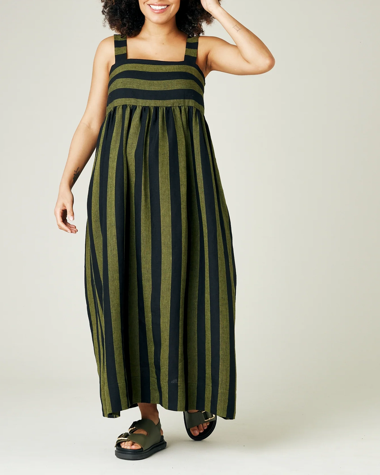 OLIVE & BLACK STRIPE LINEN DRESS