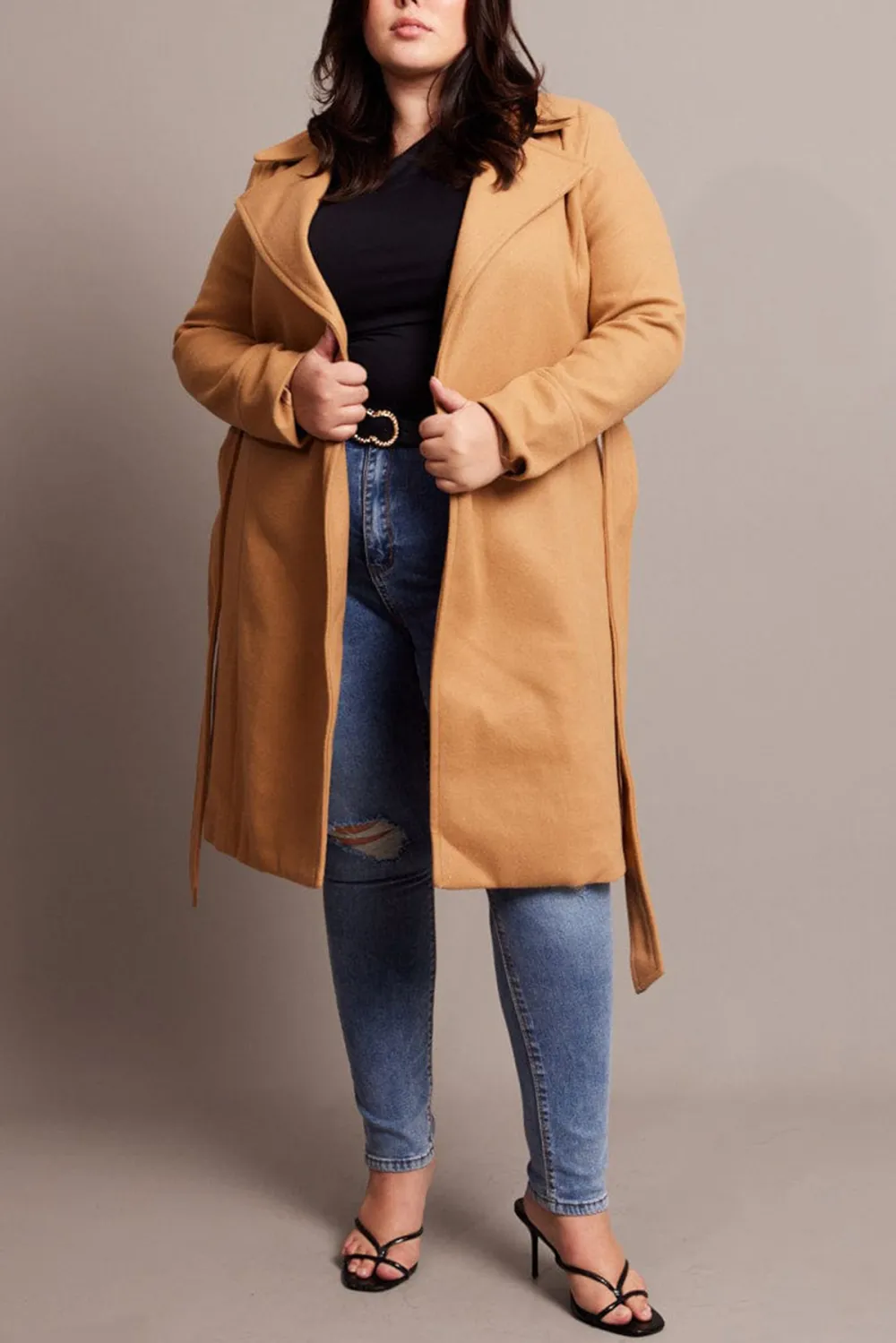 Beige Long Belted Wrap Coat