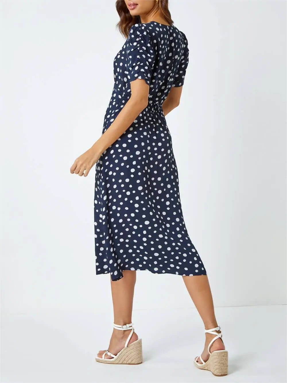 V-neck polka dot button dress