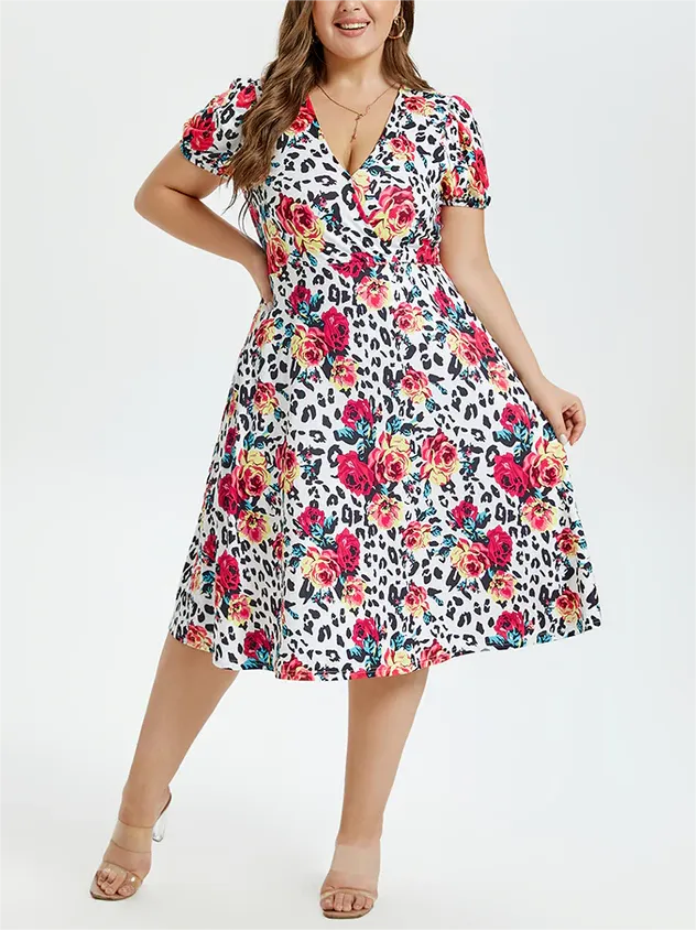 Floral & Leopard Print V-Neck Puff Sleeve Elastic Waist Midi Dress