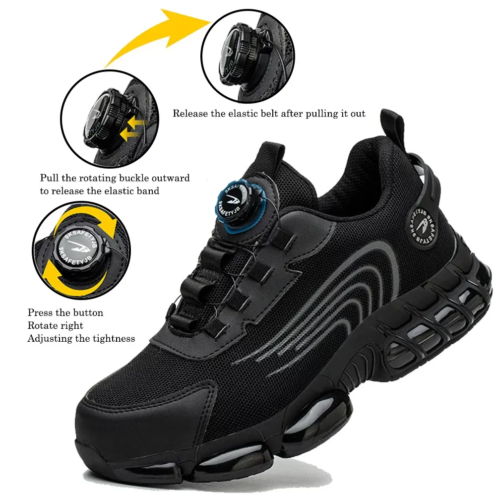 Mens Steel Toe Shoes with Rotating Button Lightweight Breathable Work Shoes Slip-Resistant Comfortable Safety Sneakers