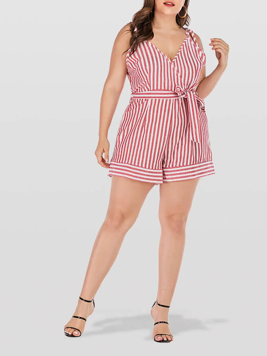 Plus Pink Crisscross Striped V-Neck Knot Side Romper