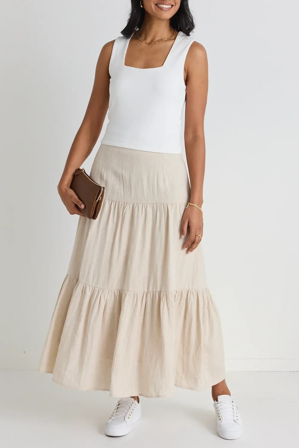 Blazing Sand Tiered Linen Midi Skirt