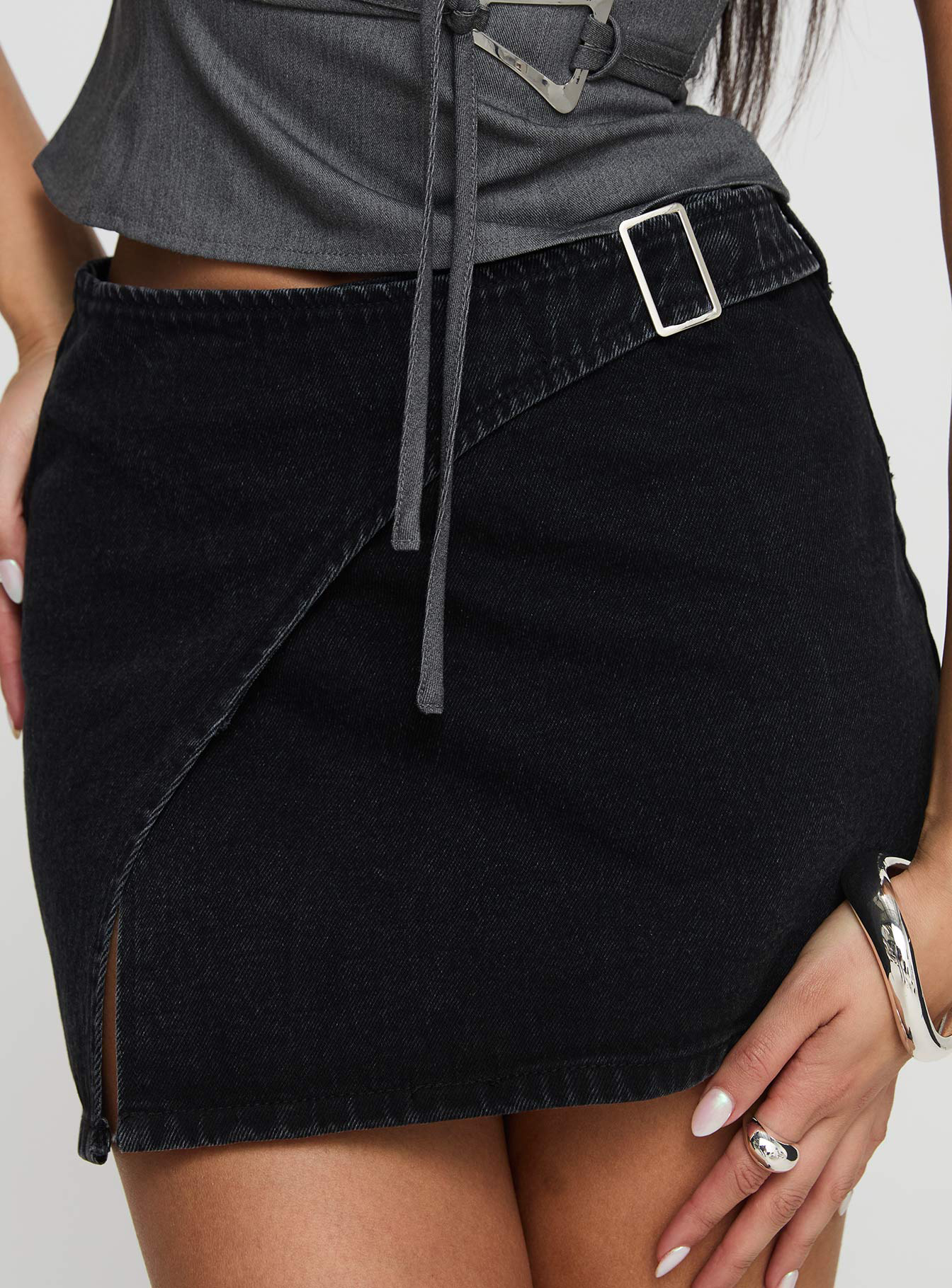 Wait Up Denim Wrap Mini Skirt