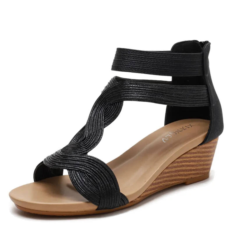 Summer Sandals Women Wedges Shoes Soft Leather T Strap Zipper Open Cover Heel Design Ladies Shoes