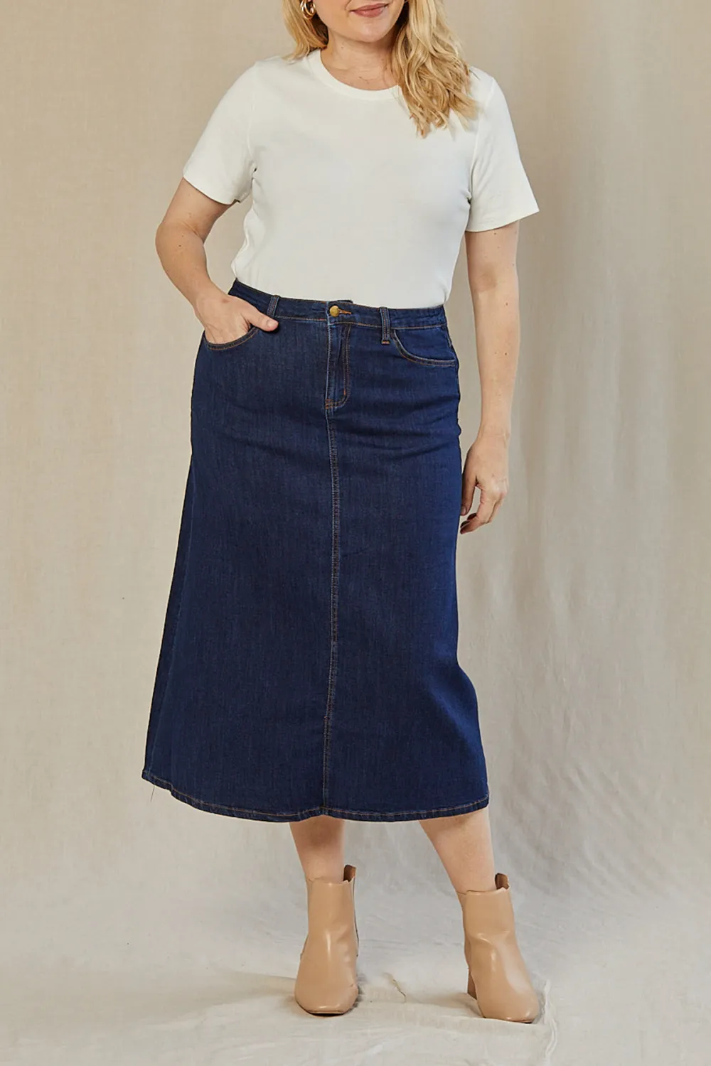 Adrift Denim A-Line Skirt in Mid Wash