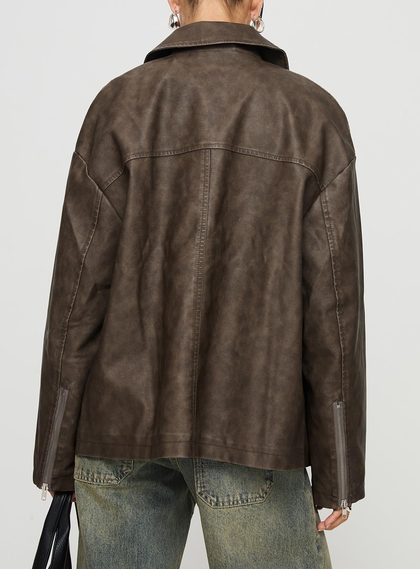 Faux Leather Collared Dad Jacket Washed Brown