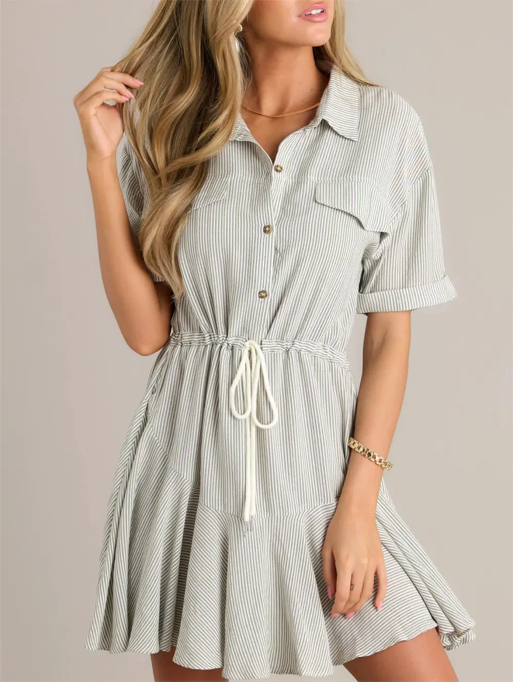 PARALLEL PERFECTION 100% COTTON OLIVE GREEN STRIPE MINI DRESS