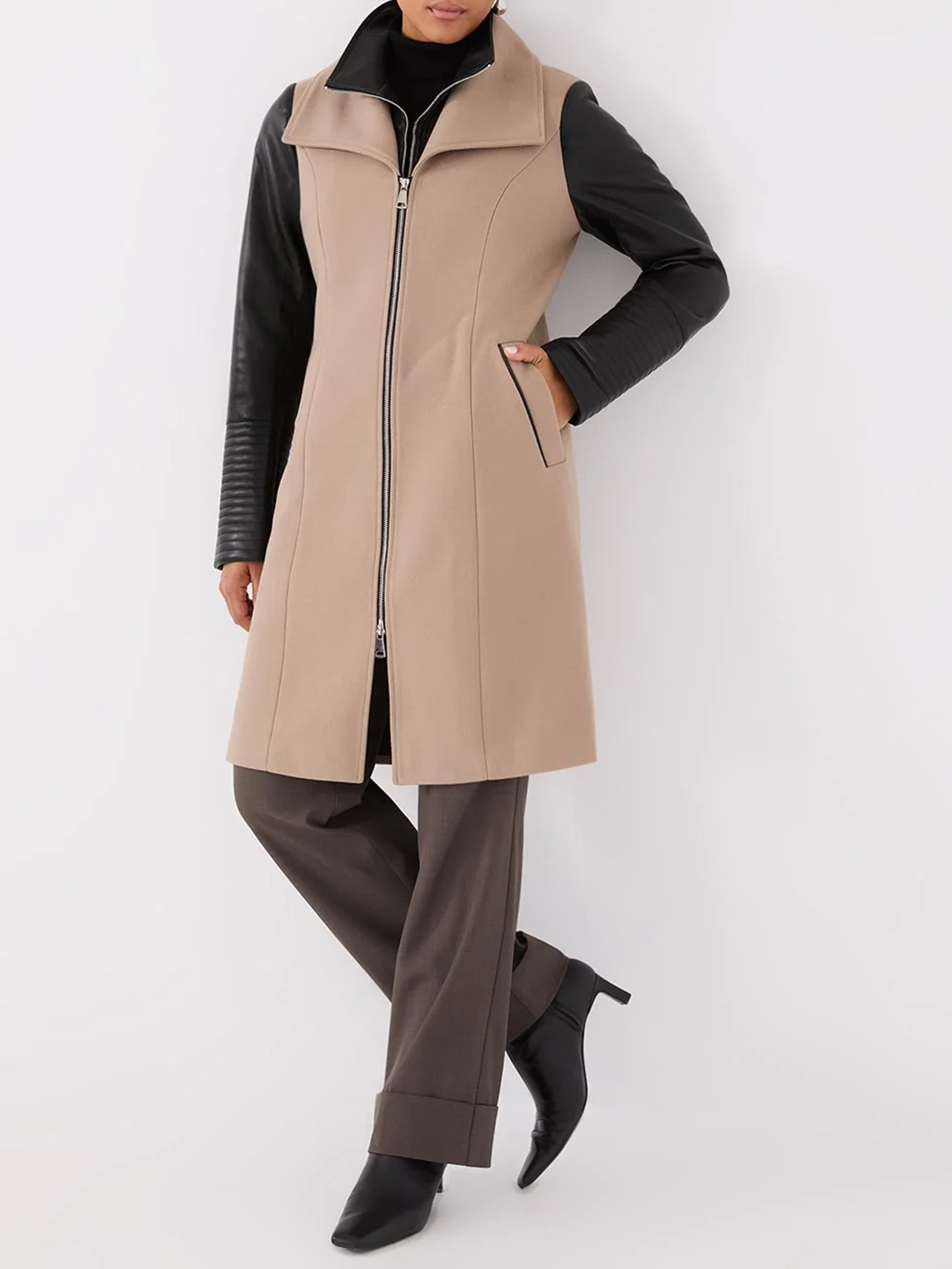 Mid-Length Coat With Faux Leather Details