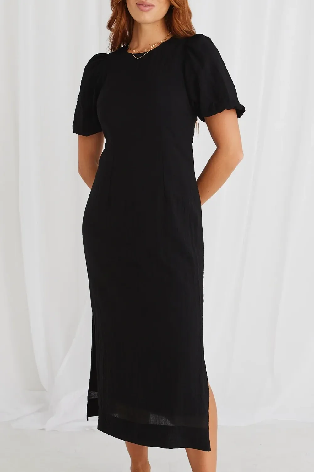 Elder Black Puff Sleeve Tie Midi Dress