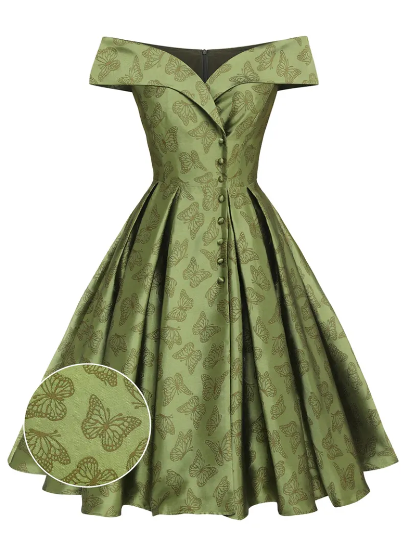 GREEN 1950S OFF-SHOULDER VINTAGE DRESS