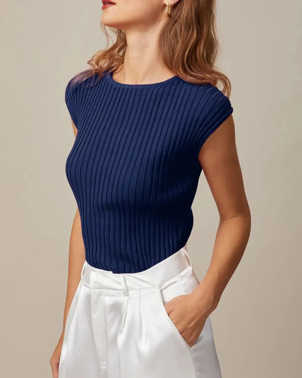 The Blue Boat Neck Ribbed Cap Sleeve Knit Tee