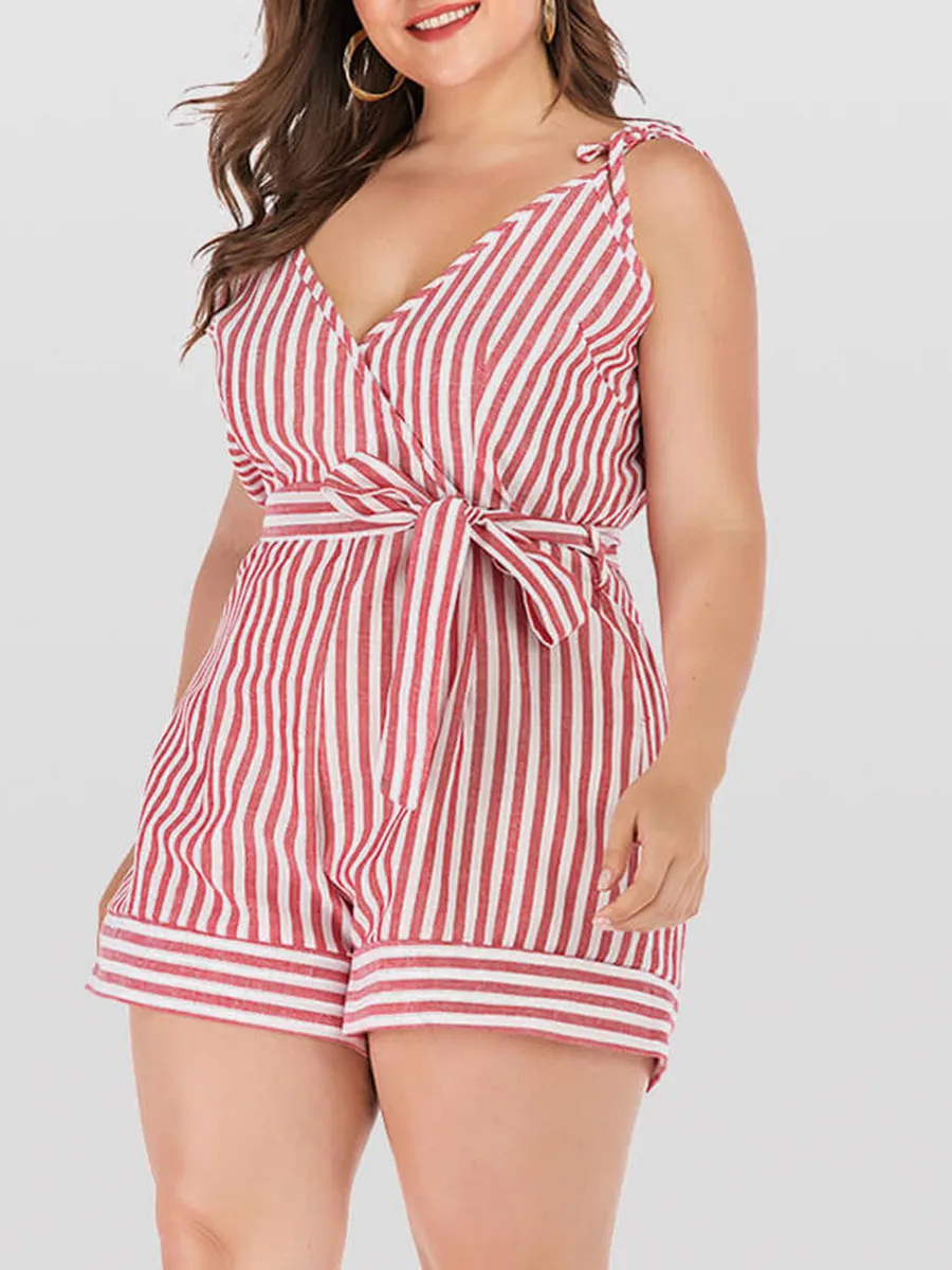 Plus Pink Crisscross Striped V-Neck Knot Side Romper